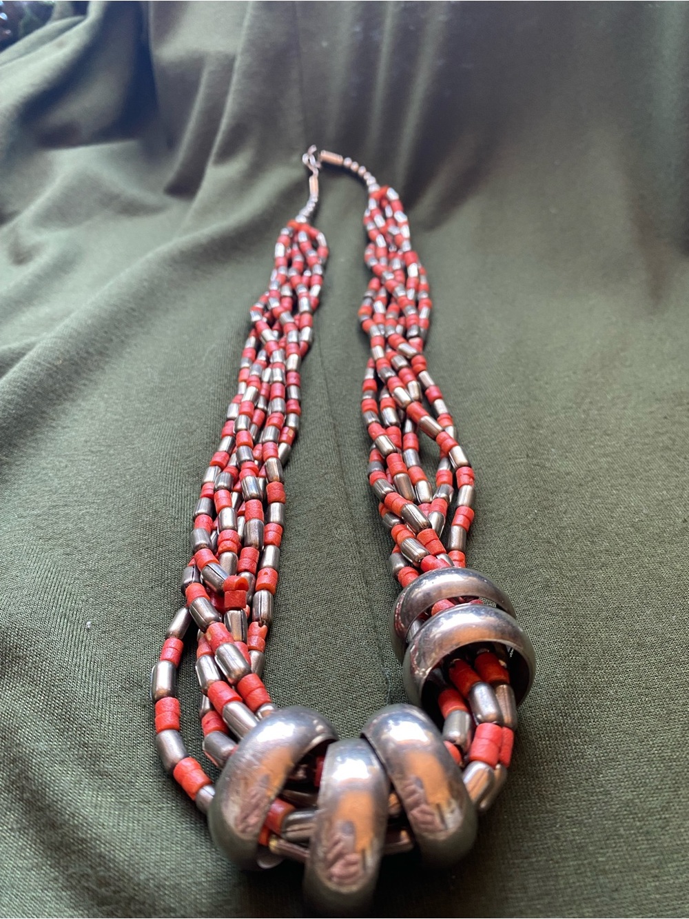 Vintage Multi-Strand Red and Silver Beaded Statement Necklace